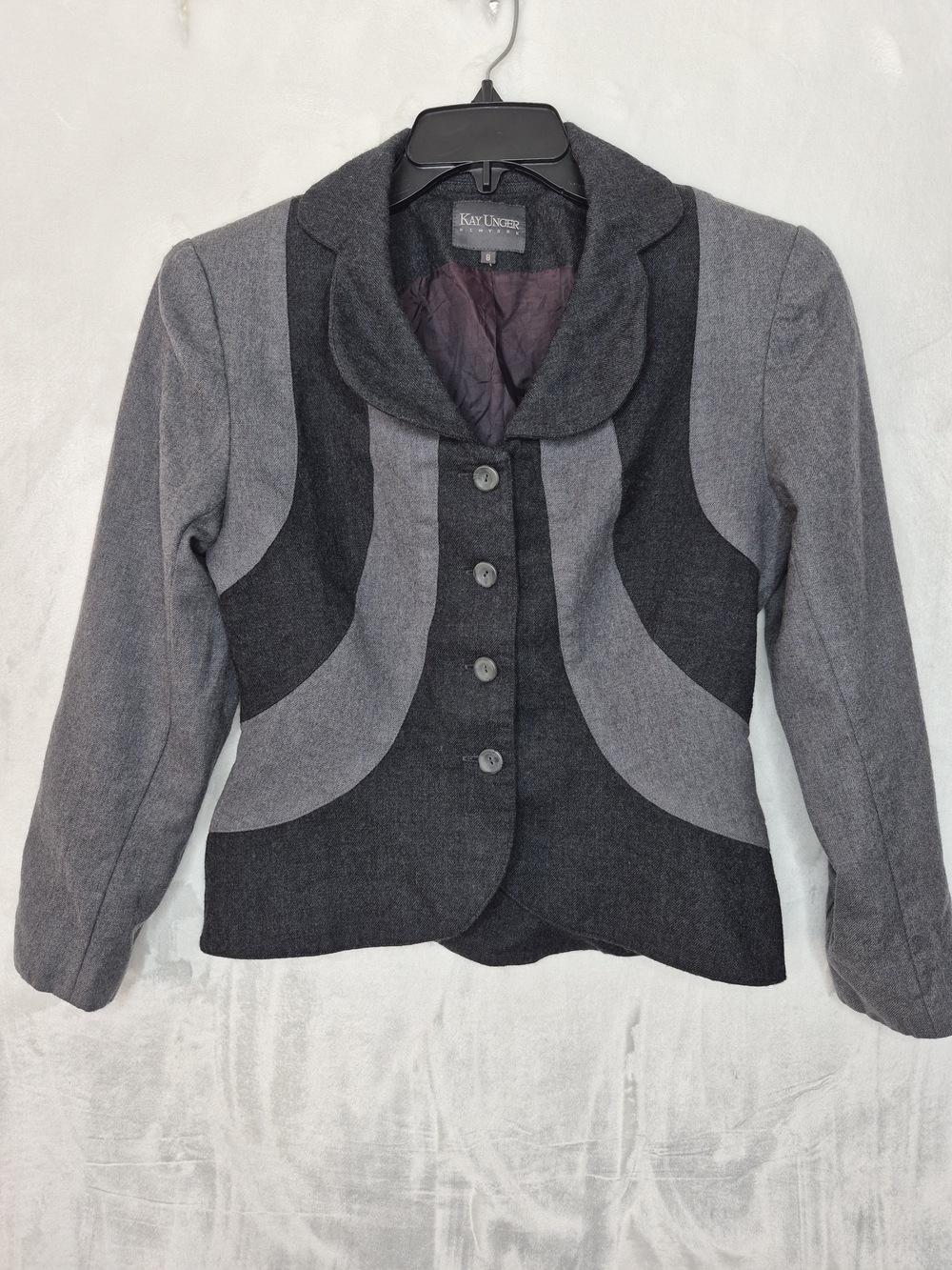 Vintage Kay Unger Womens Two Tone Gray Wool Blend Blazer Jacket Size 8